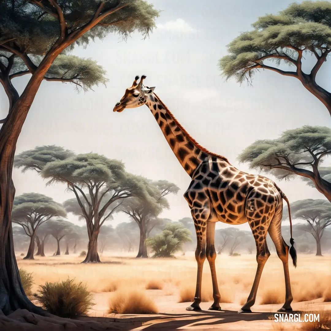 Giraffe standing in the middle of a desert area with trees and bushes in the background