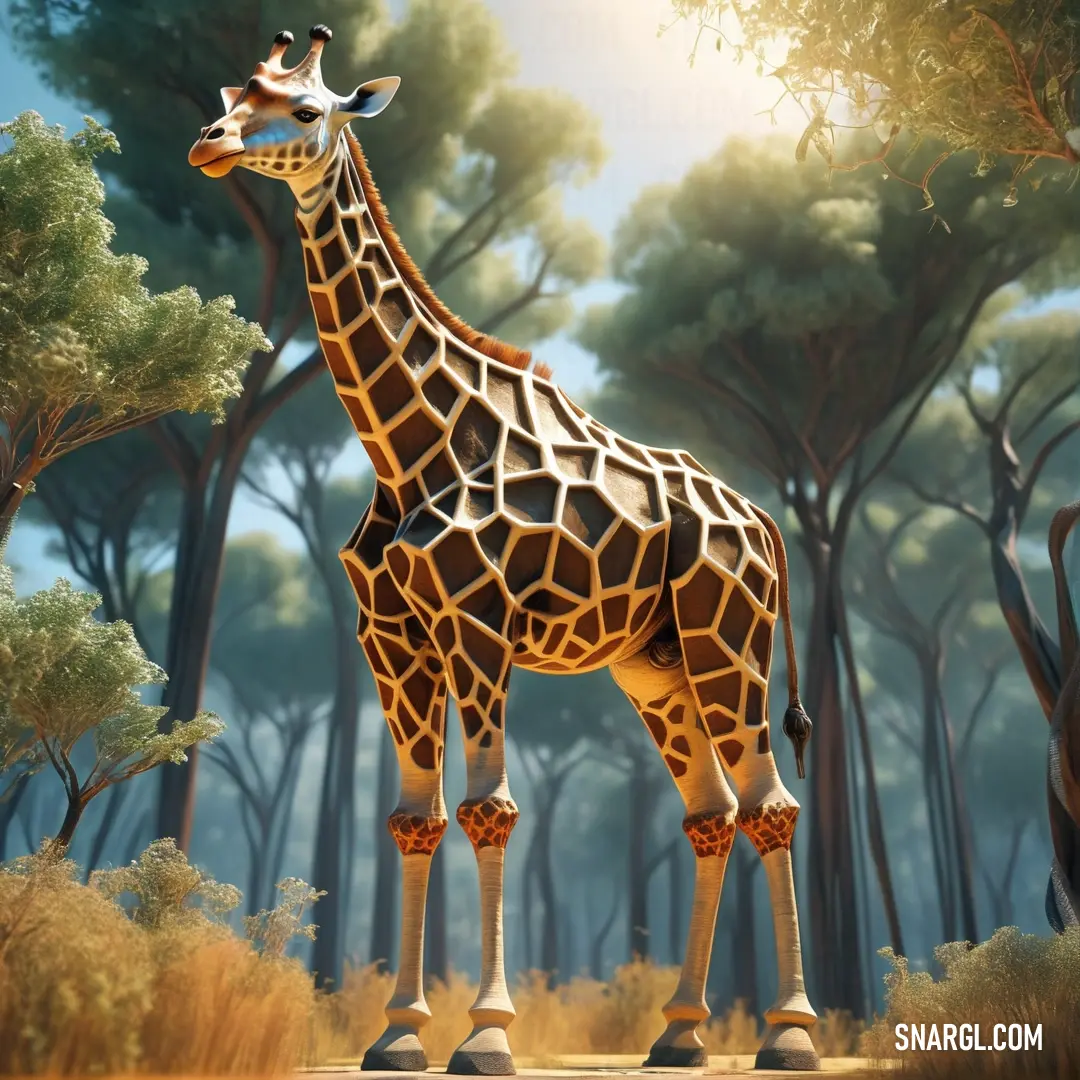 Giraffe standing in a forest with trees in the background
