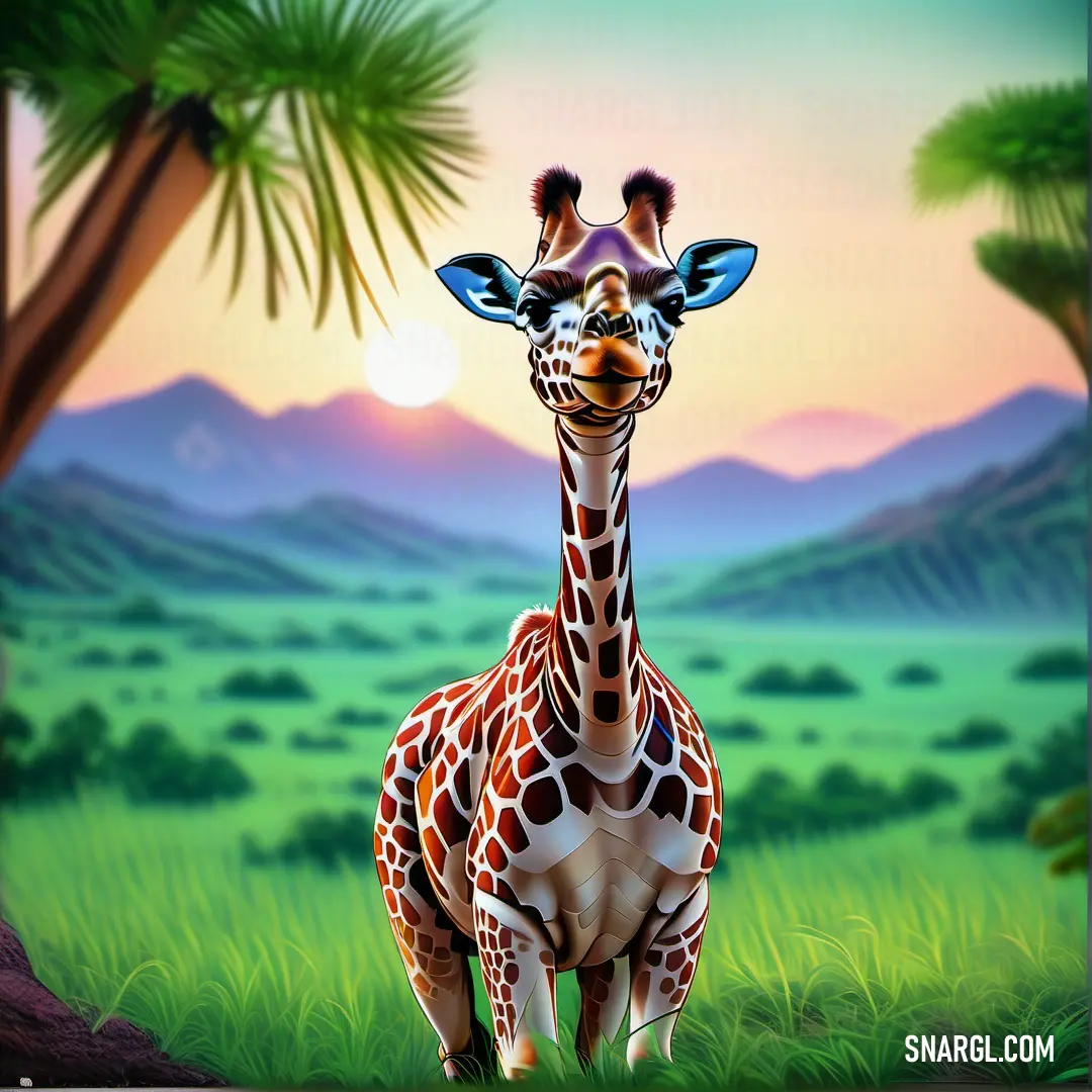 Giraffe standing in a lush green field next to a forest with a sunset in the background