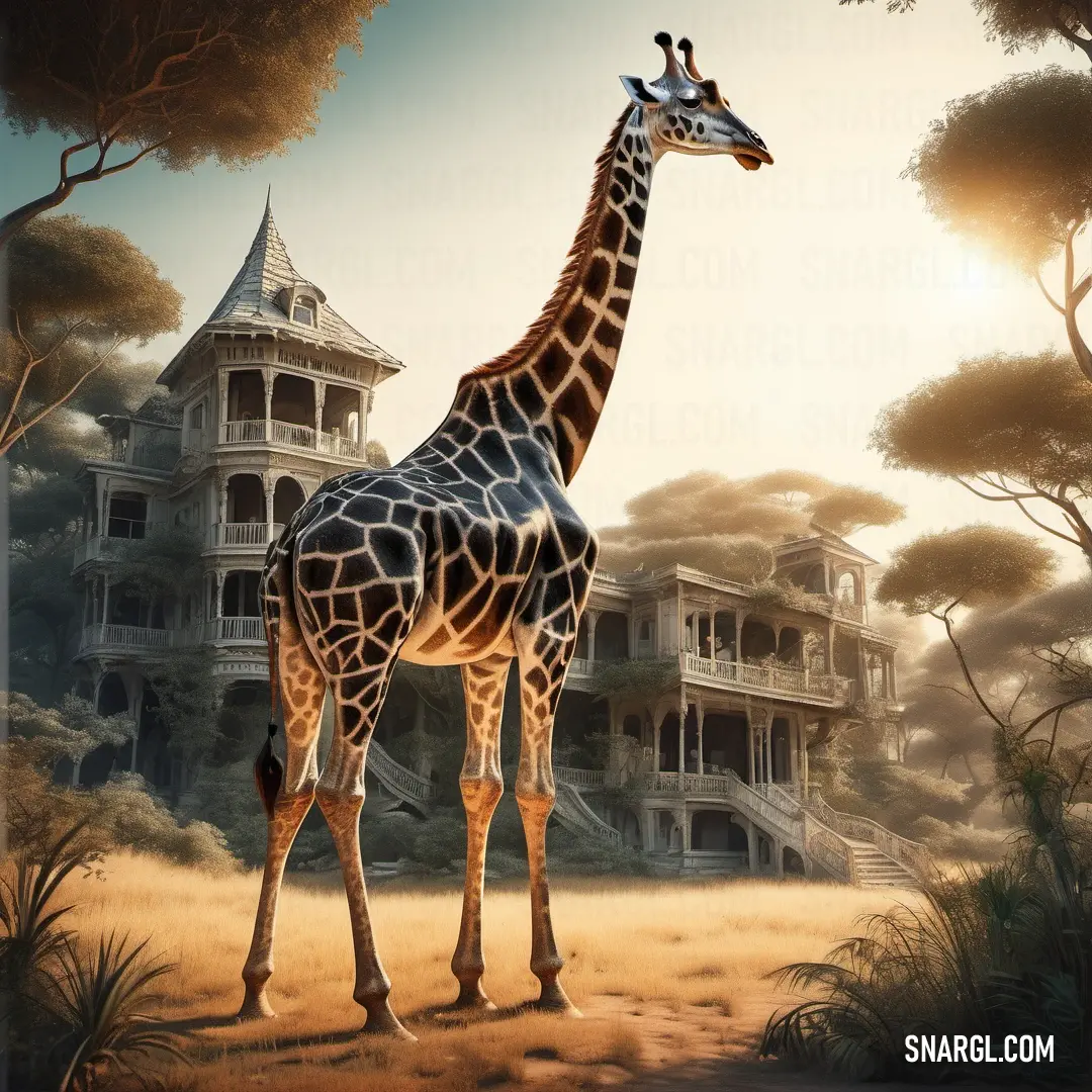 Giraffe standing in front of a house with a tree in the background