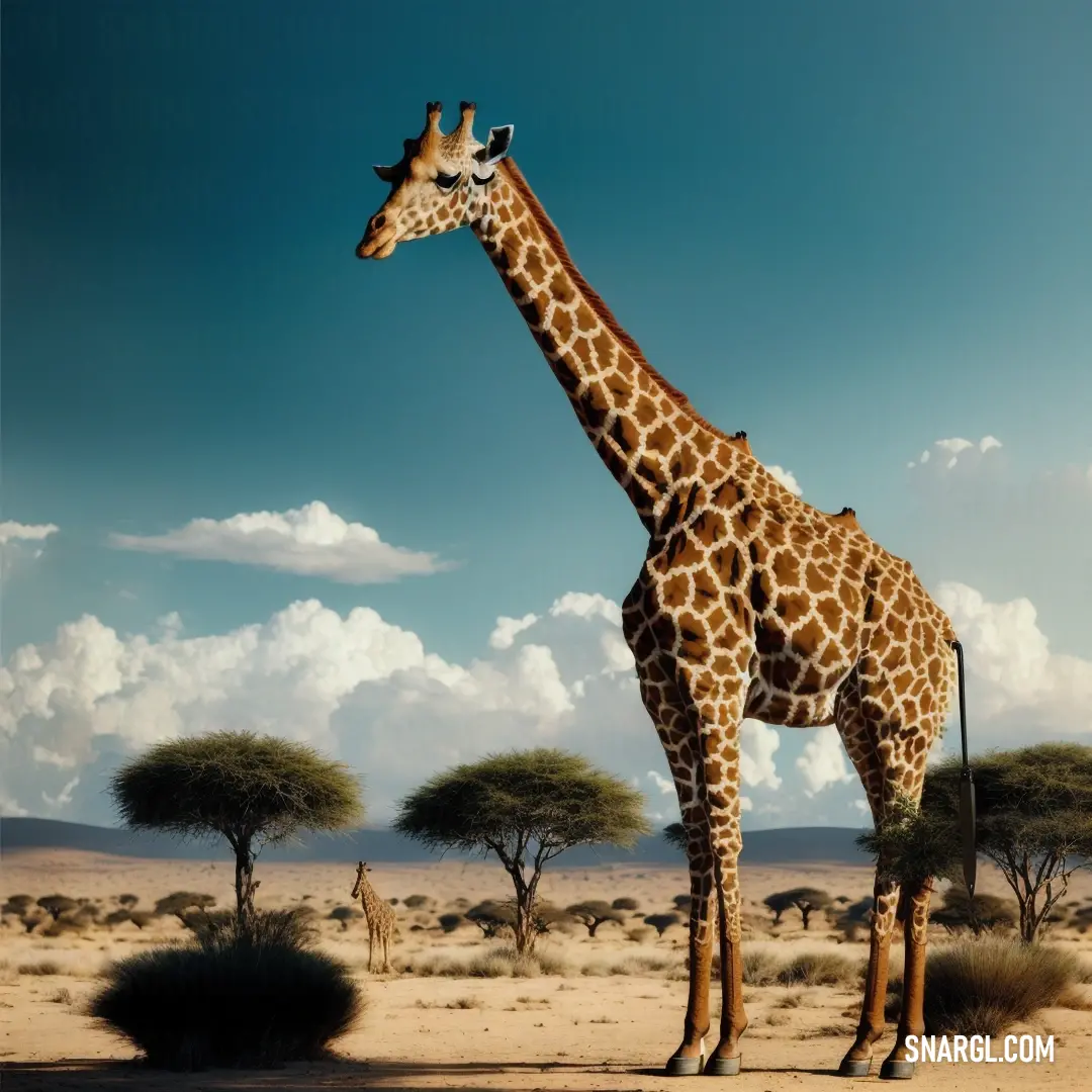 Giraffe standing in the middle of a desert area with trees in the background