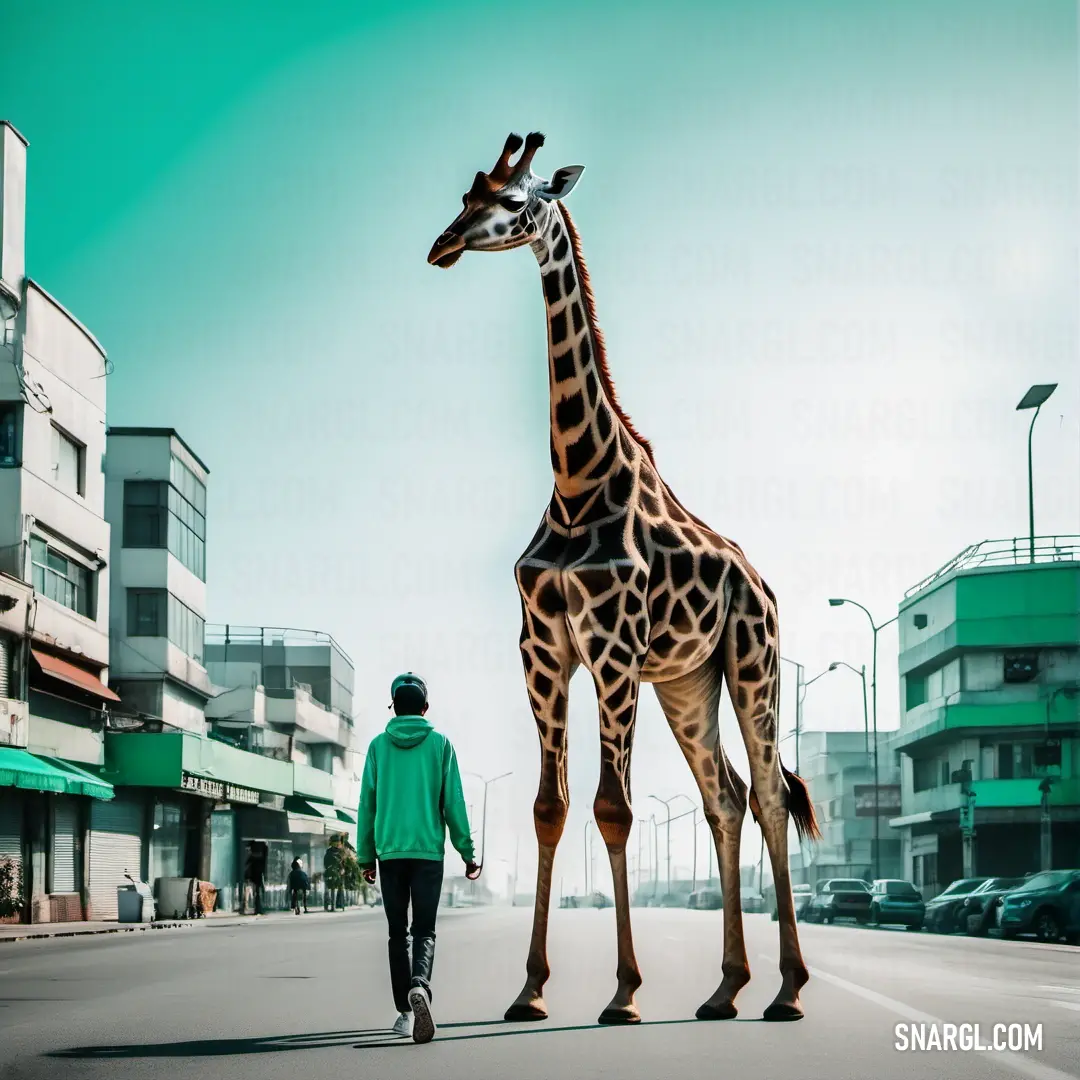 Giraffe walking down a street with a giraffe statue on the side of the road in front of him