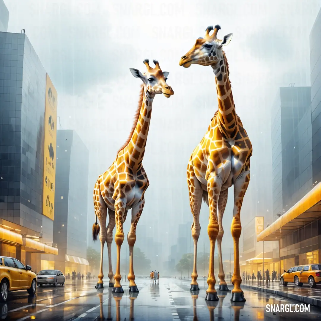 Two giraffes standing in the middle of a street in the rain with cars and buildings in the background