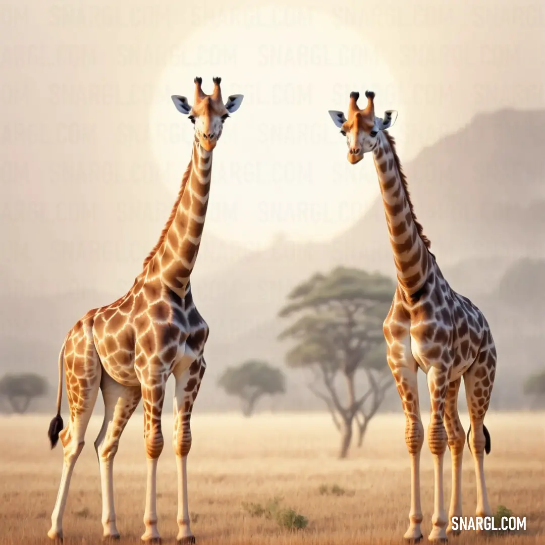 Two giraffes standing in a field with trees in the background