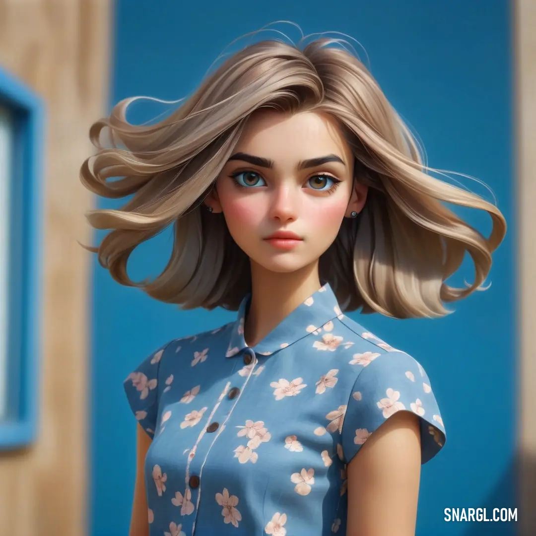 Cartoon girl with blonde hair and blue eyes is standing in front of a blue wall