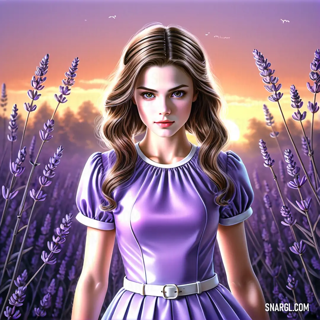 Girl in a purple dress standing in a field of lavenders at sunset with a bird flying overhead