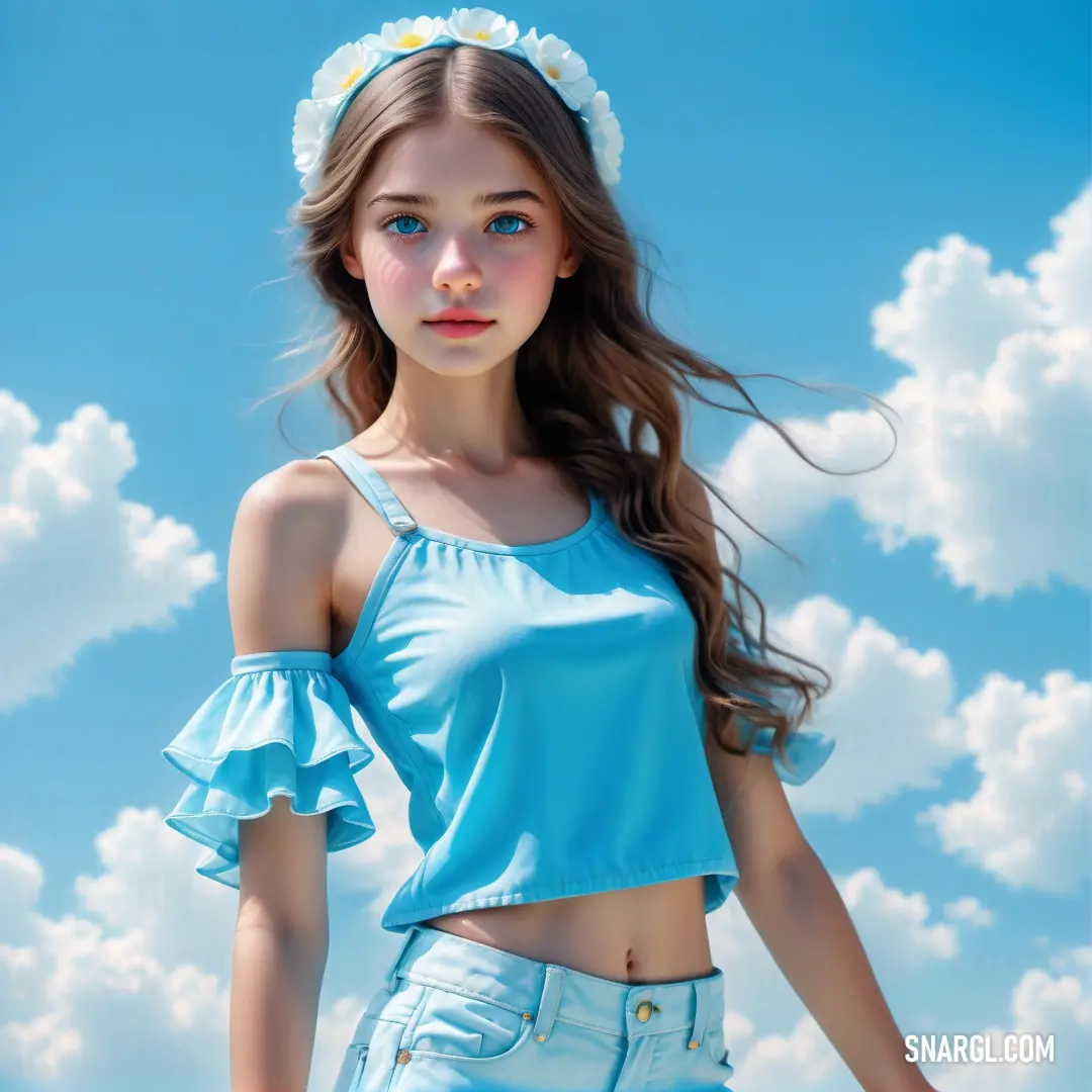 Girl with long hair wearing a blue top and jeans with a flower in her hair and clouds in the background