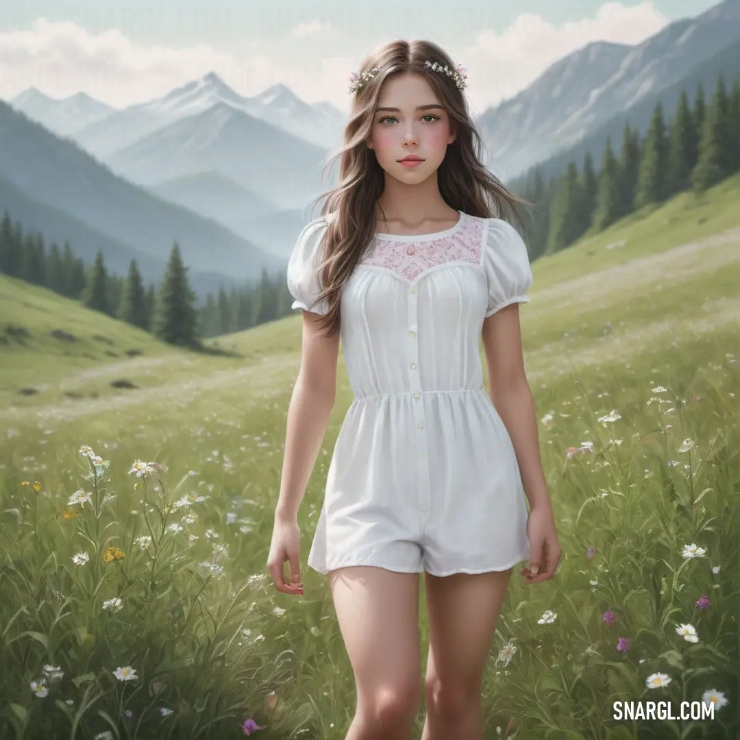 Painting of a girl in a field of flowers with mountains in the background and a sky with clouds