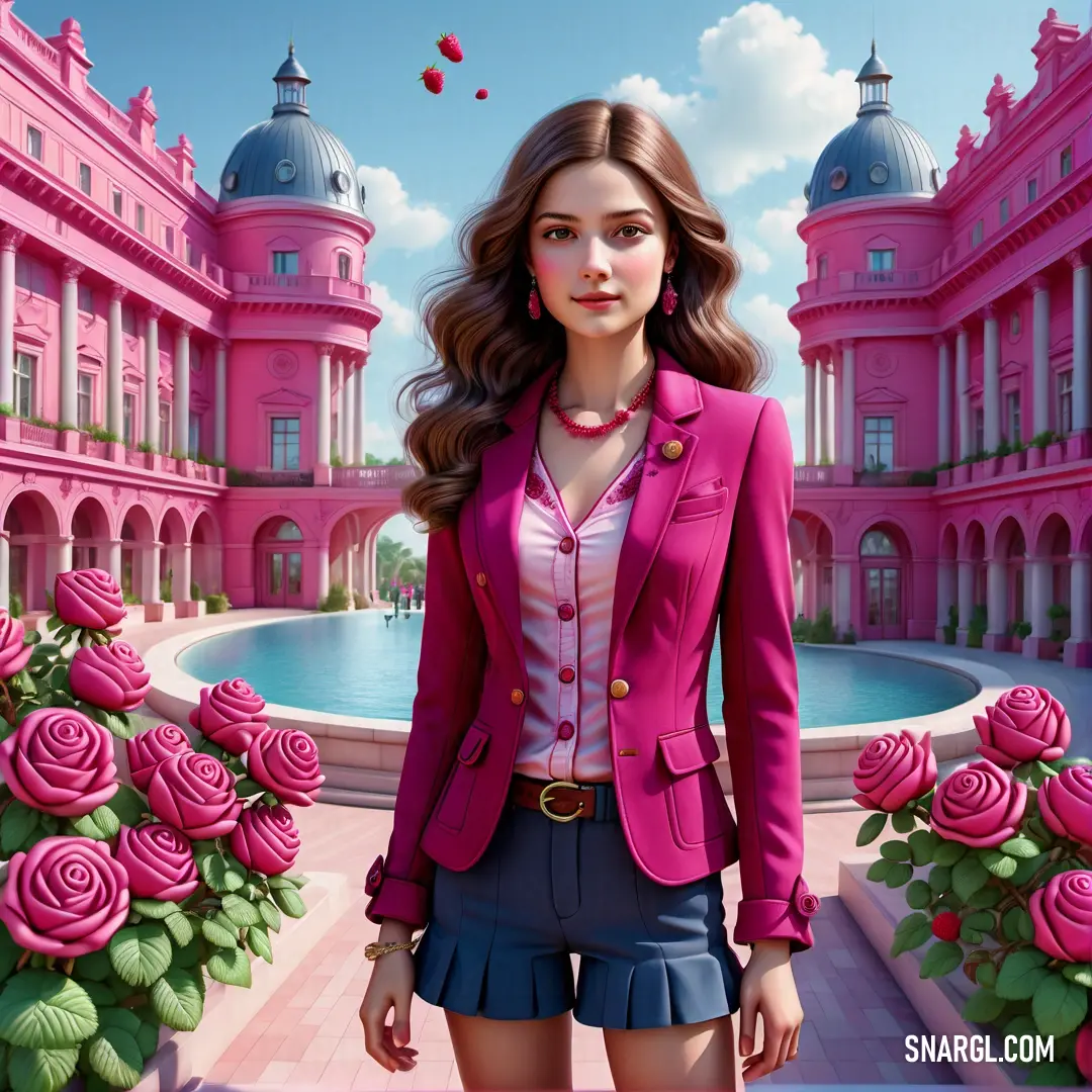 Woman in a pink jacket and skirt standing in front of a pink building