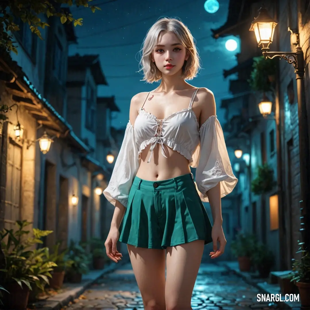 Woman in a short skirt and crop top walking down a street at night with a lantern light on