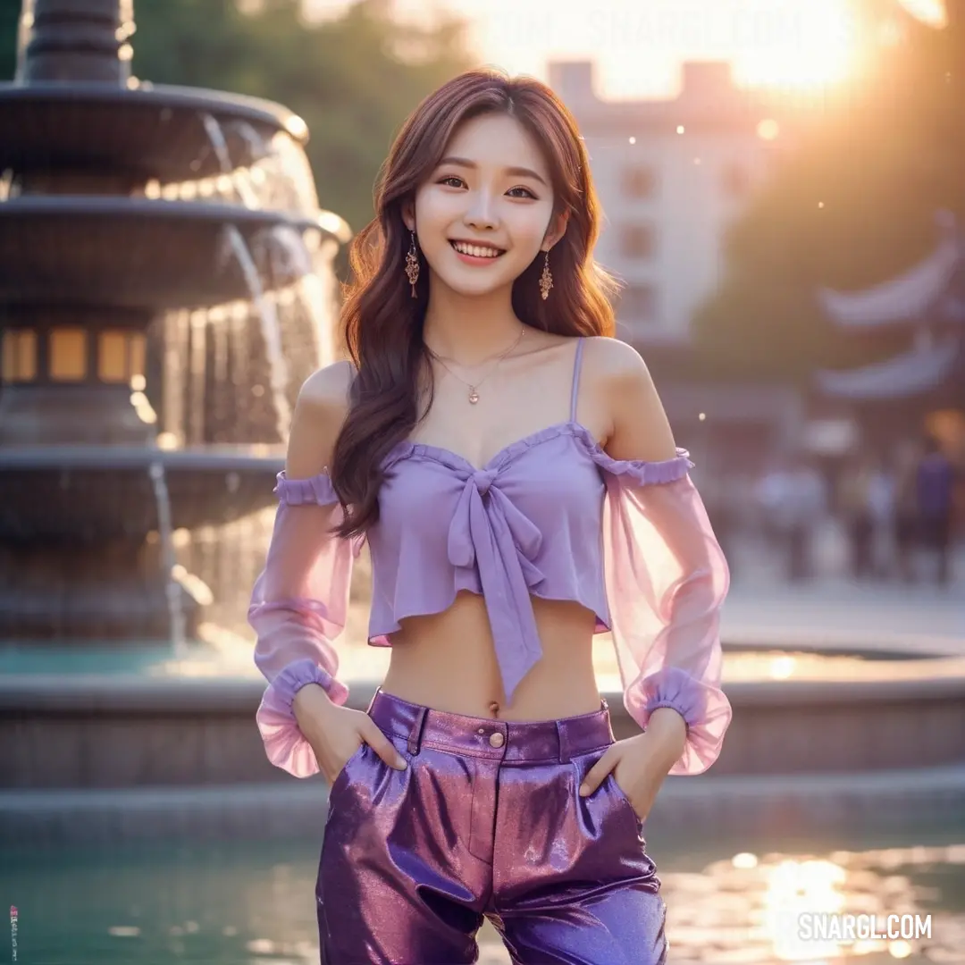 Woman in purple pants and a top standing in front of a fountain