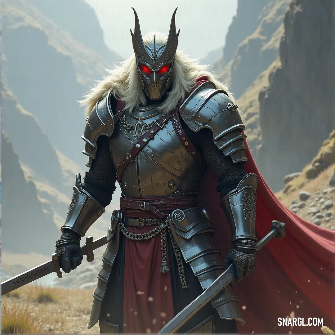 Gix, a powerful warrior in a horned costume and sword, standing in a vast desert with towering mountains in the background under the blazing sun. A fierce warrior named Gix, adorned in a horned costume, brandishes a sword as he stands tall in a vast desert. The golden sands stretch far beyond him, with jagged mountains rising sharply in the distance under a scorching sun.