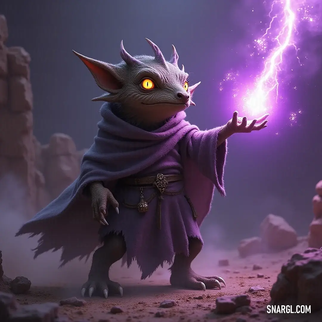 Gizzle, cloaked in purple, harnessing the power of lightning under the stars With a mystical lightning wand clutched tightly, Gizzle dons a regal purple cloak, standing confidently against a backdrop of enigmatic twilight. The electric glow signifies its connection to the magical forces that dwell in the shadows of the night.