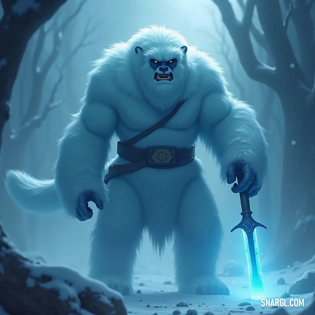 A mighty white bear stands strong in the snowy forest, holding a sword in its paws, ready to face any challenge that comes its way. A massive, furry white bear stands in a snowy forest, its powerful grip on a sword as it prepares for battle. The snow-covered ground and trees create a serene yet intimidating scene, with a soft light breaking through the shadows.