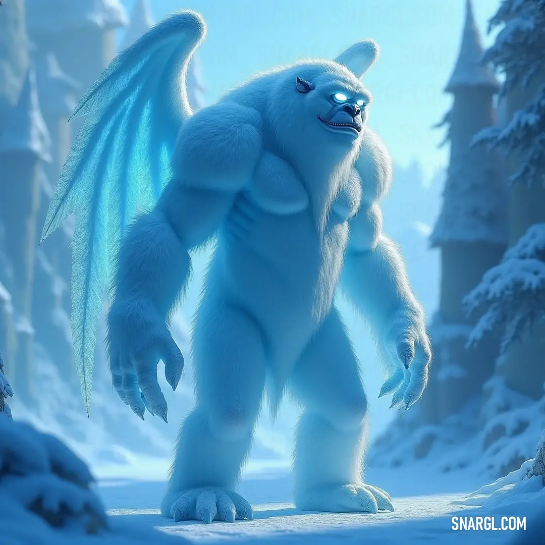 A Glacial Sentinel looms over a snowy forest, accompanied by a large white furry creature, nestled amid snow-covered trees and rolling hills that stretch into the serene horizon.