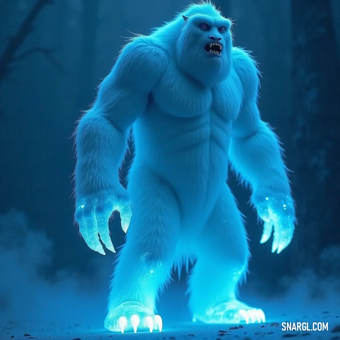 The magnificent white bear, illuminated by a mystical glow, stands as a striking figure against the darkened forest, embodying both grace and the wild spirit of nature in the tranquil night. A giant white bear stands majestically in the snow, illuminated by mysterious blue lights at its feet, creating a stunning contrast against the serene backdrop of a quiet forest at night.