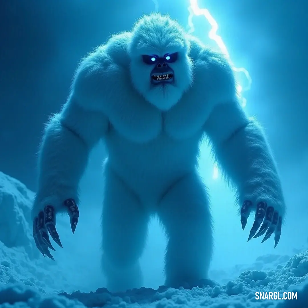 The majestic furry Glacier Monster stands tall against the snowy landscape, highlighted by bolts of lightning illuminating the drama of the scene. An enormous furry Glacier Monster stands majestically against a snow-covered backdrop, lightning flaring dramatically in the distance, emphasizing its strength and raw power amidst the stillness of winter's embrace.