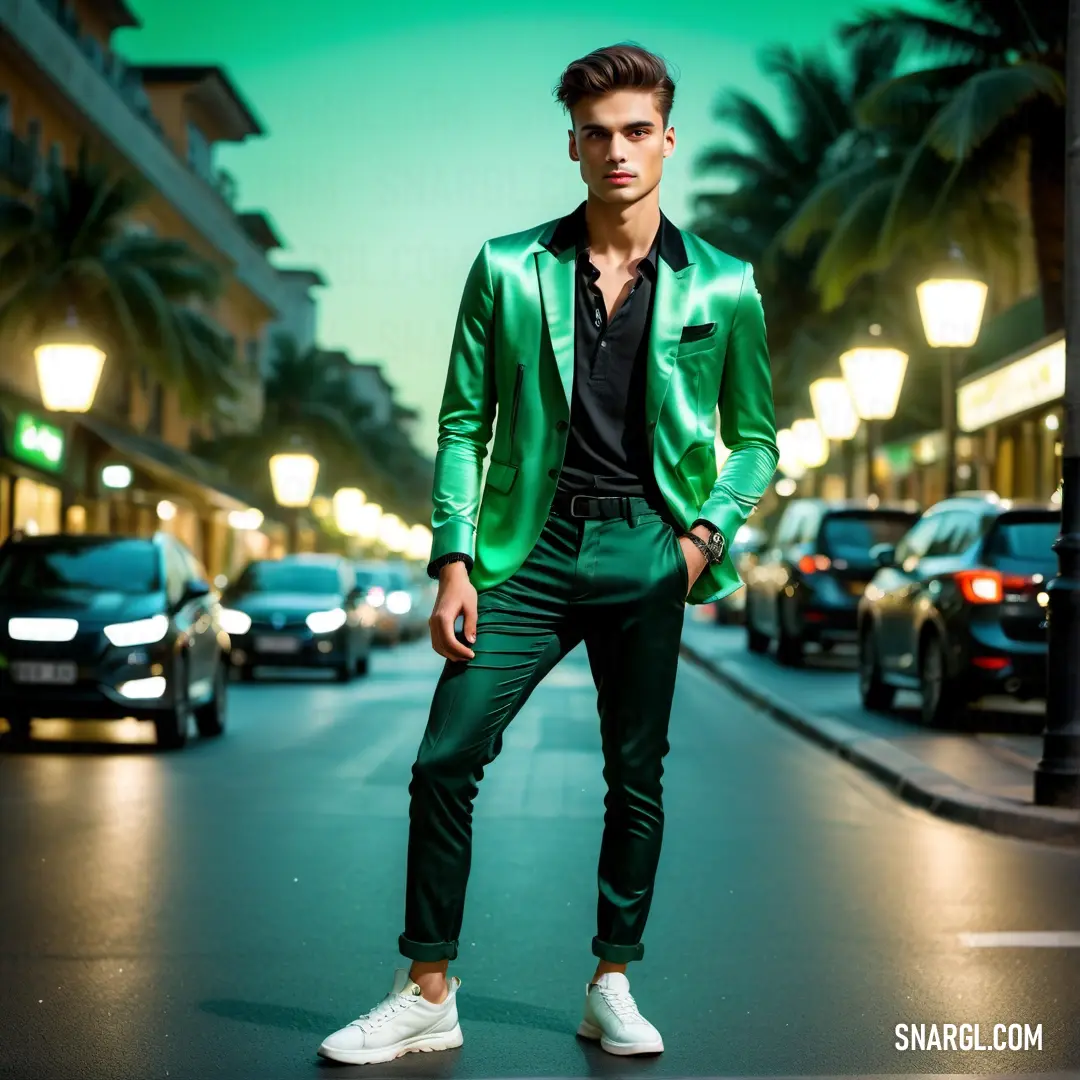 Man in a green suit standing on a street corner with cars parked on the side of the road