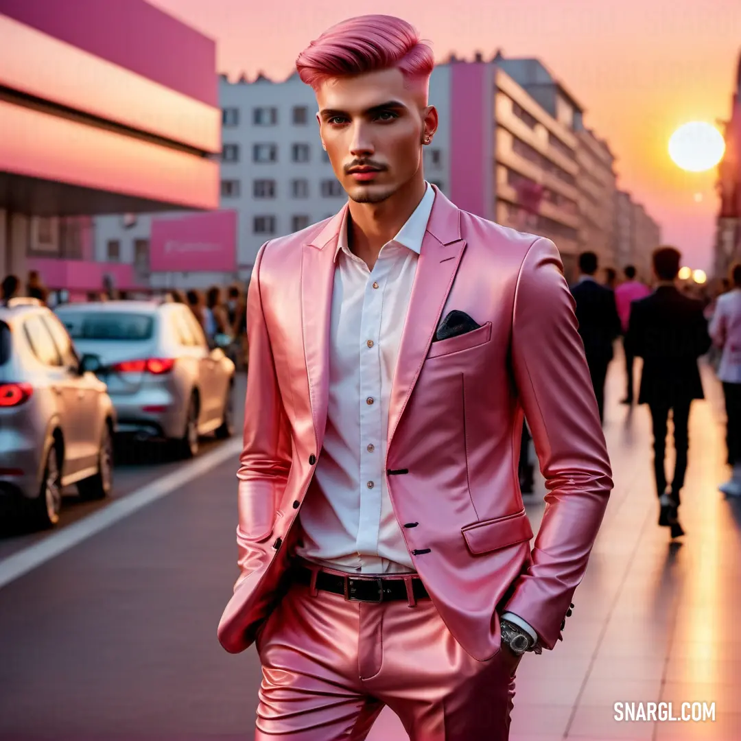 Man in a pink suit and tie standing on a street with cars parked in the background and people walking on the sidewalk