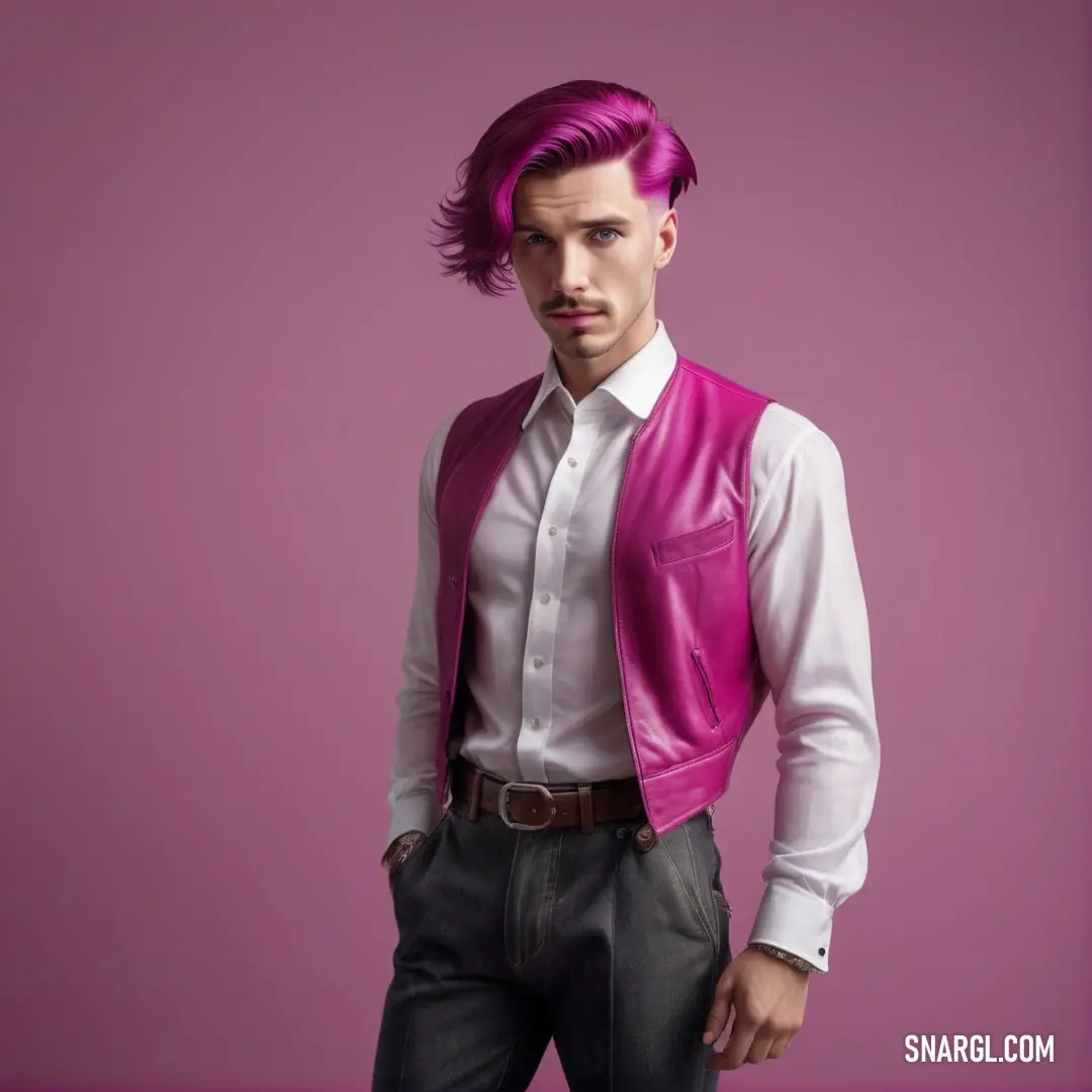 Man with pink hair wearing a pink vest and white shirt and black pants and a pink tie
