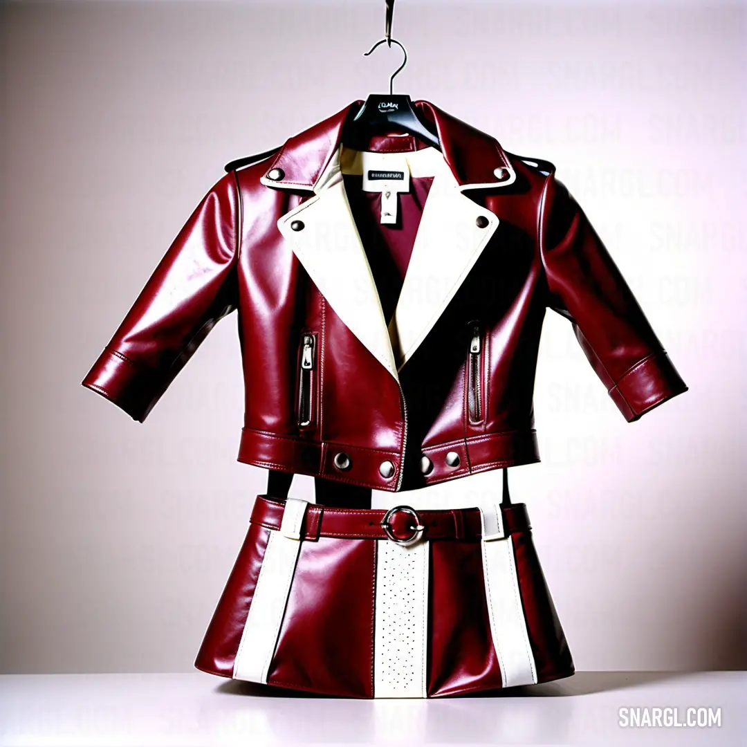 Red and white leather jacket hanging on a hanger with a white shirt underneath it and a black
