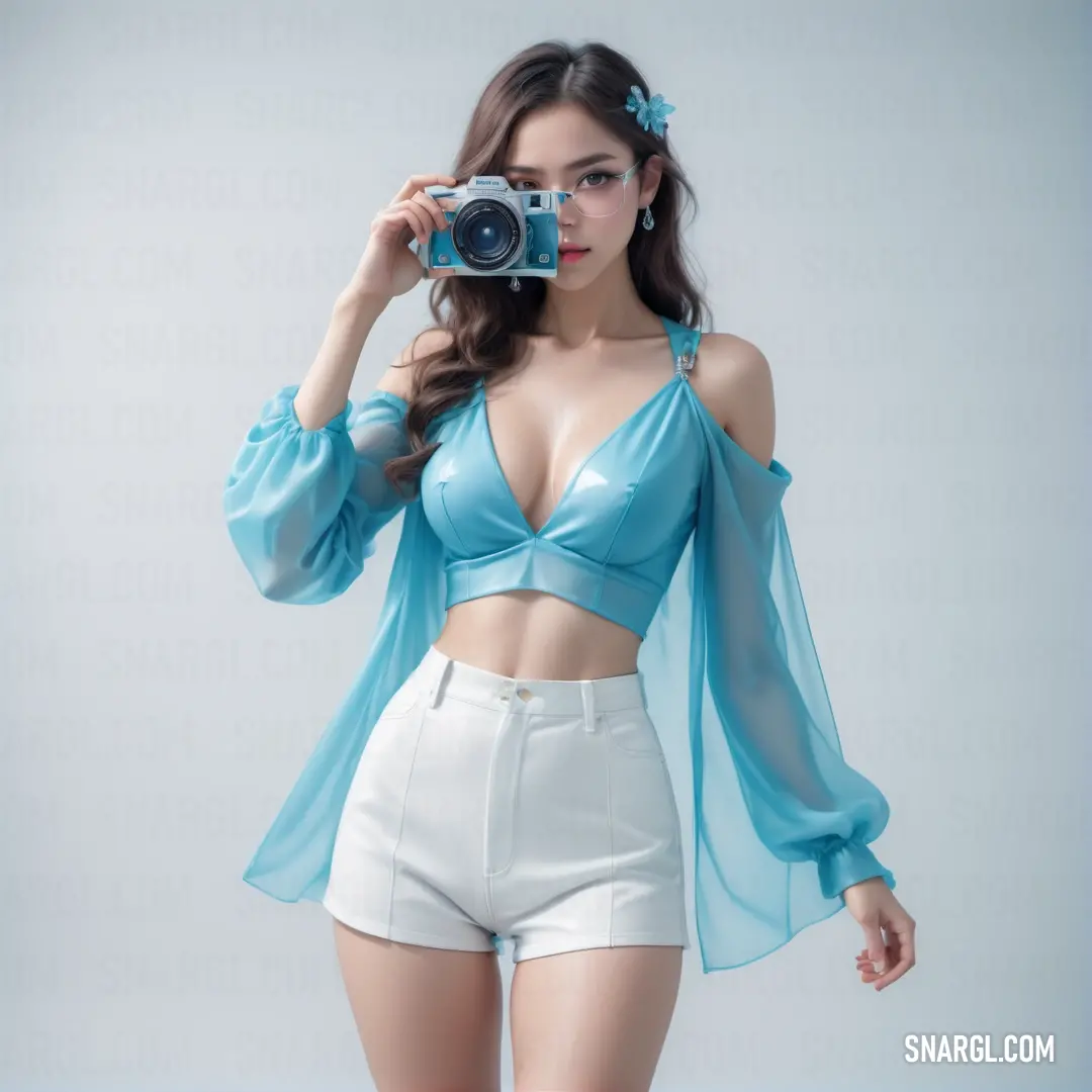 Woman in a blue top and white shorts taking a picture with a camera