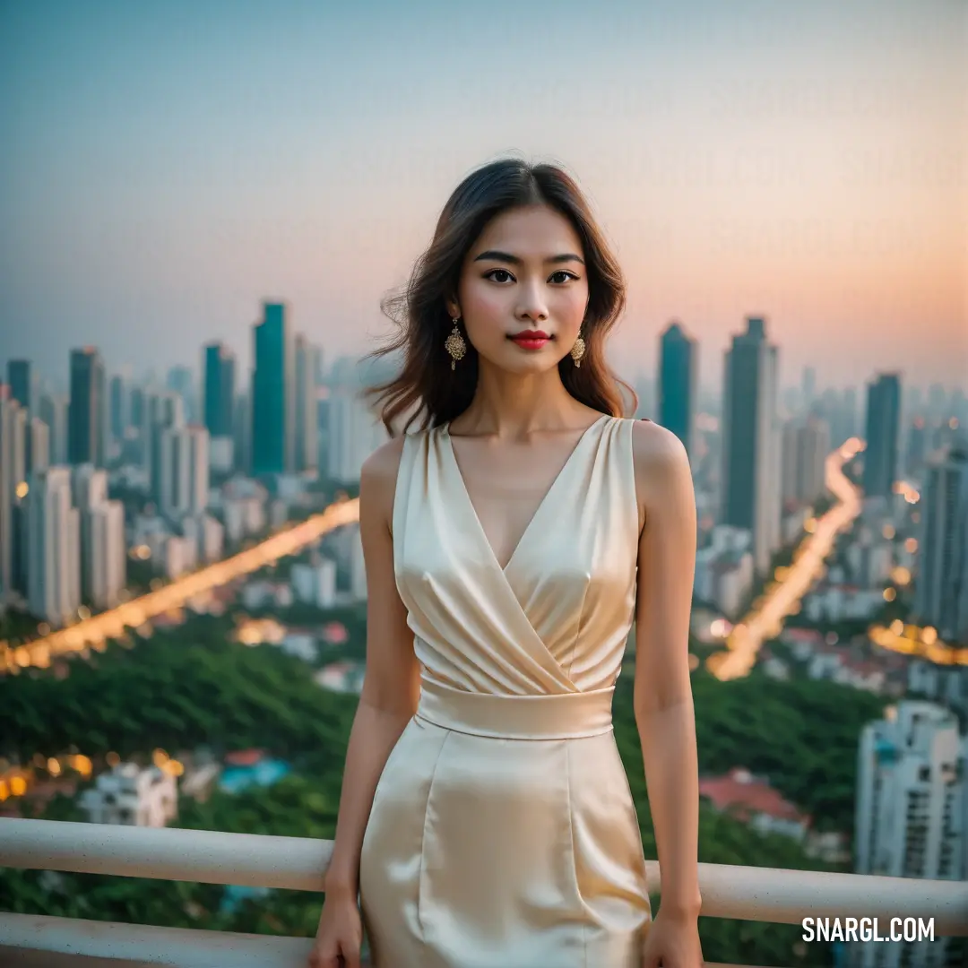 Woman in a dress standing on a balcony overlooking a cityscape at sunset