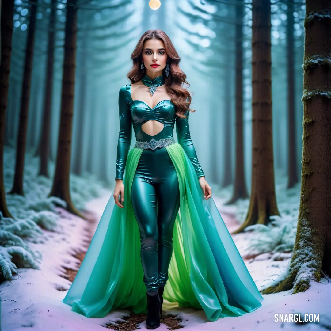 Woman in a green and blue costume standing in a forest with a full length dress on her body
