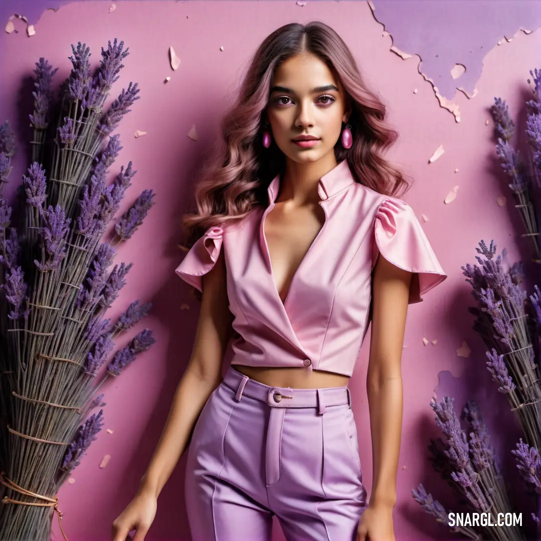 Woman in a pink top and purple pants standing in front of a wall with lavender flowers