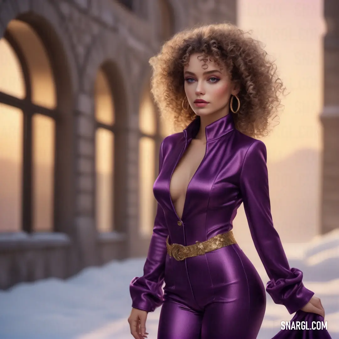 Woman in a purple suit standing in the snow with a large afro hairdo and a gold belt