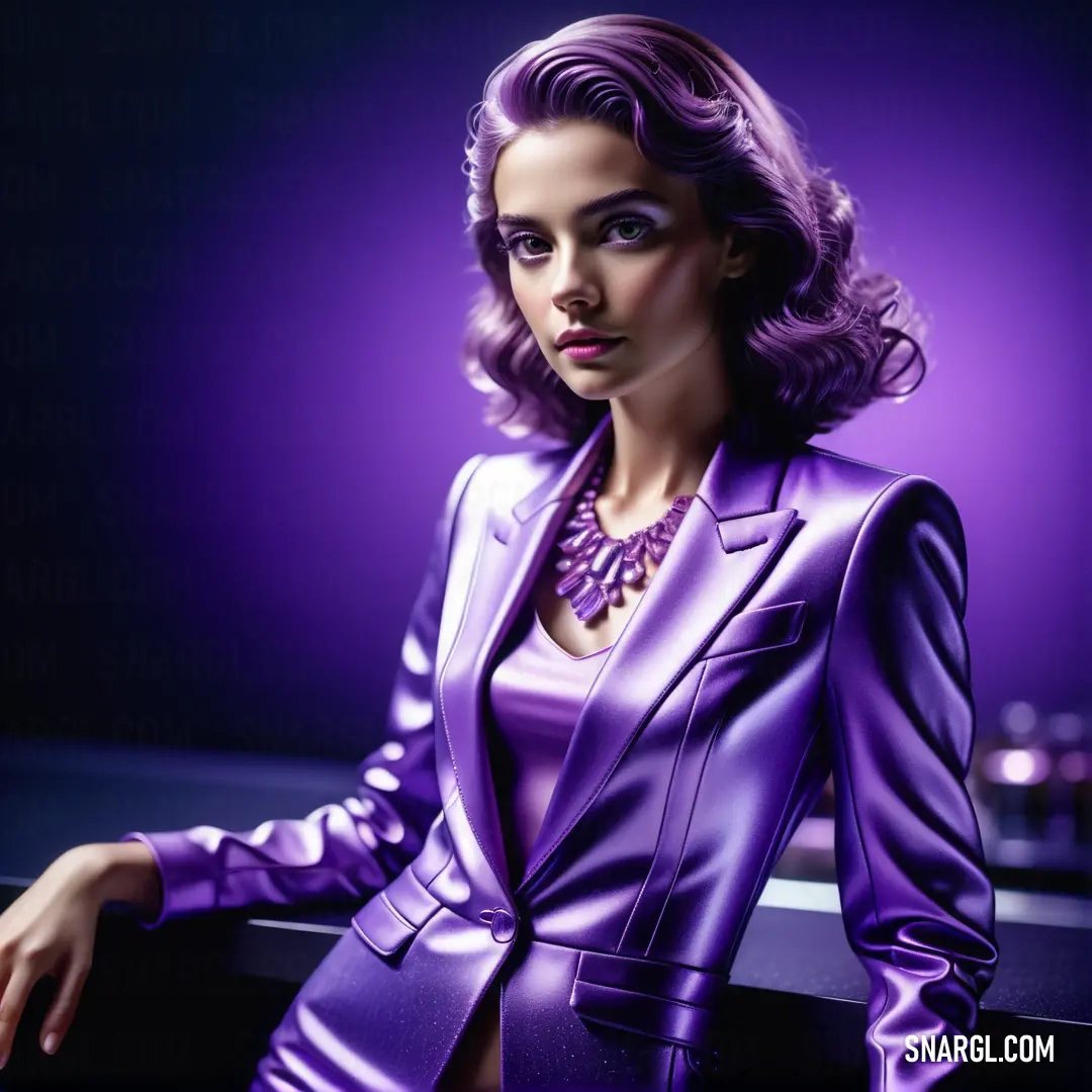 Woman in a purple suit and necklace posing for a picture in a dark room