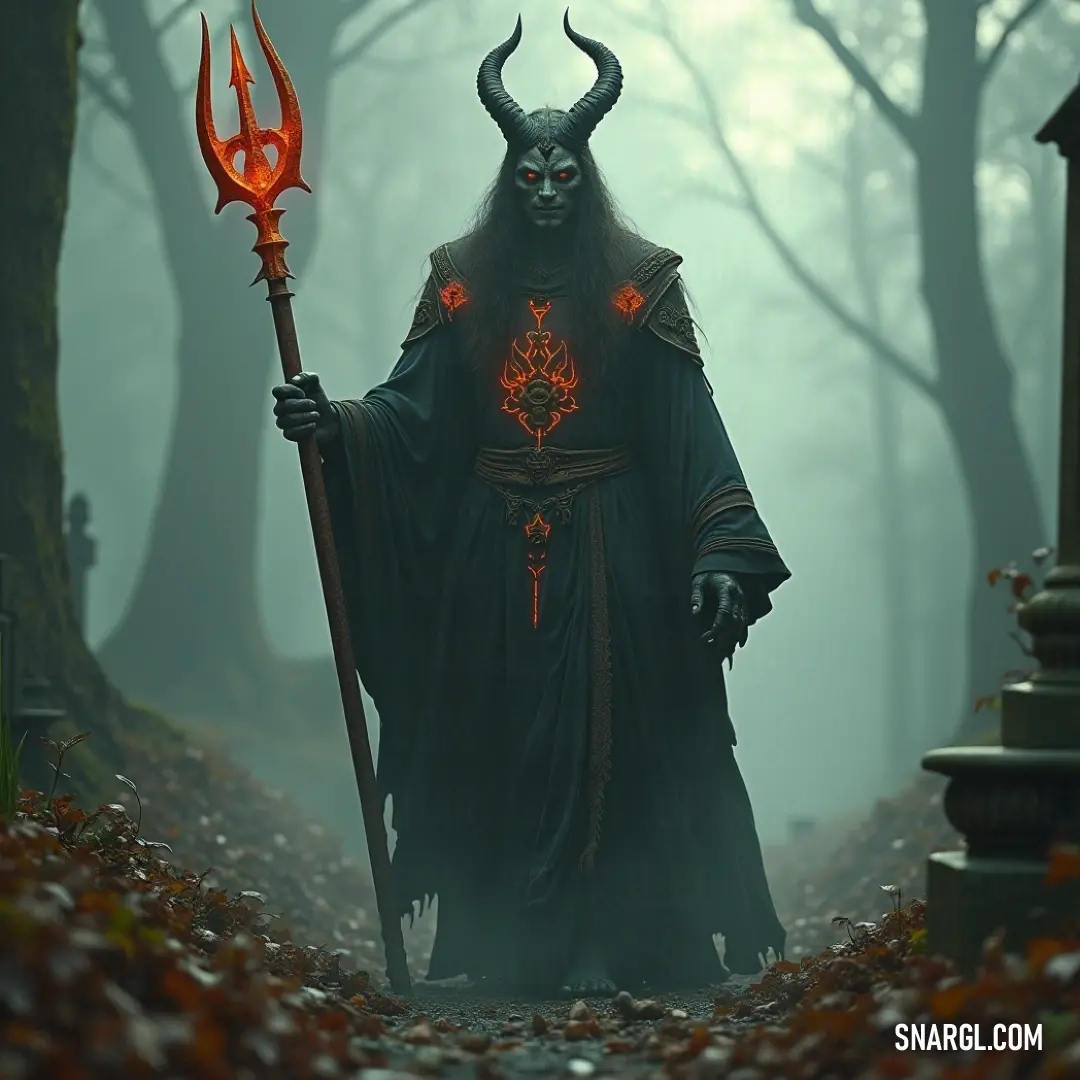 A horned figure in a forest holds a staff with a glowing demon on his head, surrounded by autumn leaves. A figure cloaked in horns and dark robes holds a staff in a dense forest. A small glowing demon perches on his head, casting an eerie glow as autumn leaves surround them, adding to the mystical and ominous atmosphere.