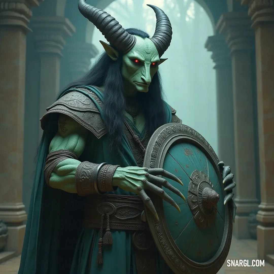 A determined warrior clad in vibrant green, wielding a horned shield, stands tall. His fierce expression and intricate attire reflect a heroic spirit ready to face any adversary. A valiant male figure in a striking green attire stands confidently, holding a shield adorned with horns that mirrors his own horned visage. His determined gaze hints at bravery and readiness for any challenge that may arise.