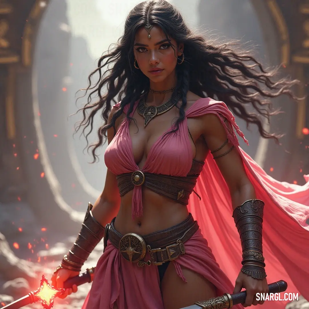 A valiant warrior adorned in a charming pink outfit, brandishing a sword, with a flowing red cape exuding strength and confidence in a vivid and lush environment. In a captivating pink ensemble, a formidable figure holds a sword high, with a dramatic red cape billowing behind her, symbolizing valor and defiance in a lush and vibrant setting.