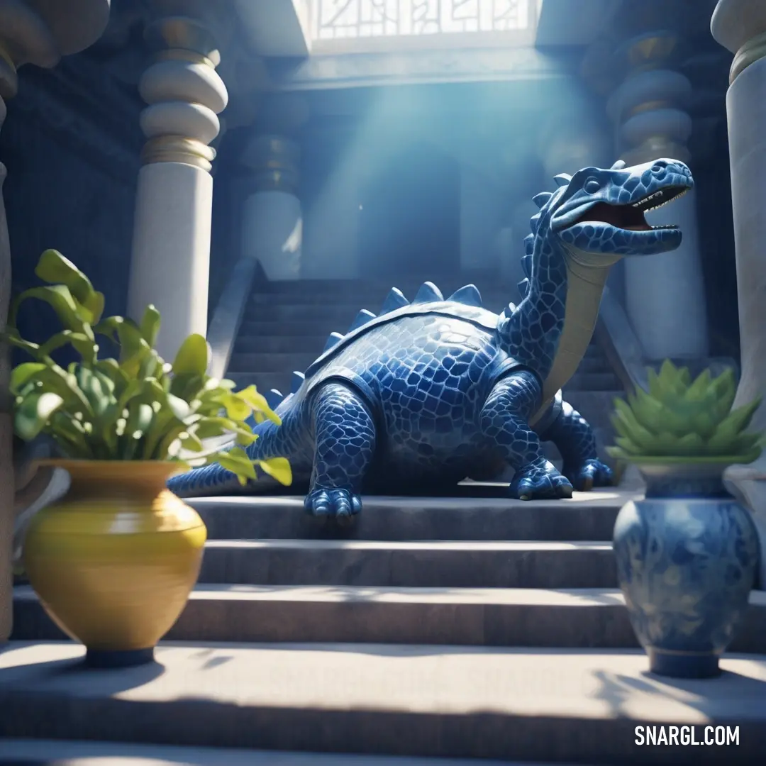 Blue dinosaur statue on top of a set of steps next to potted plants. Color RGB 96,130,182.