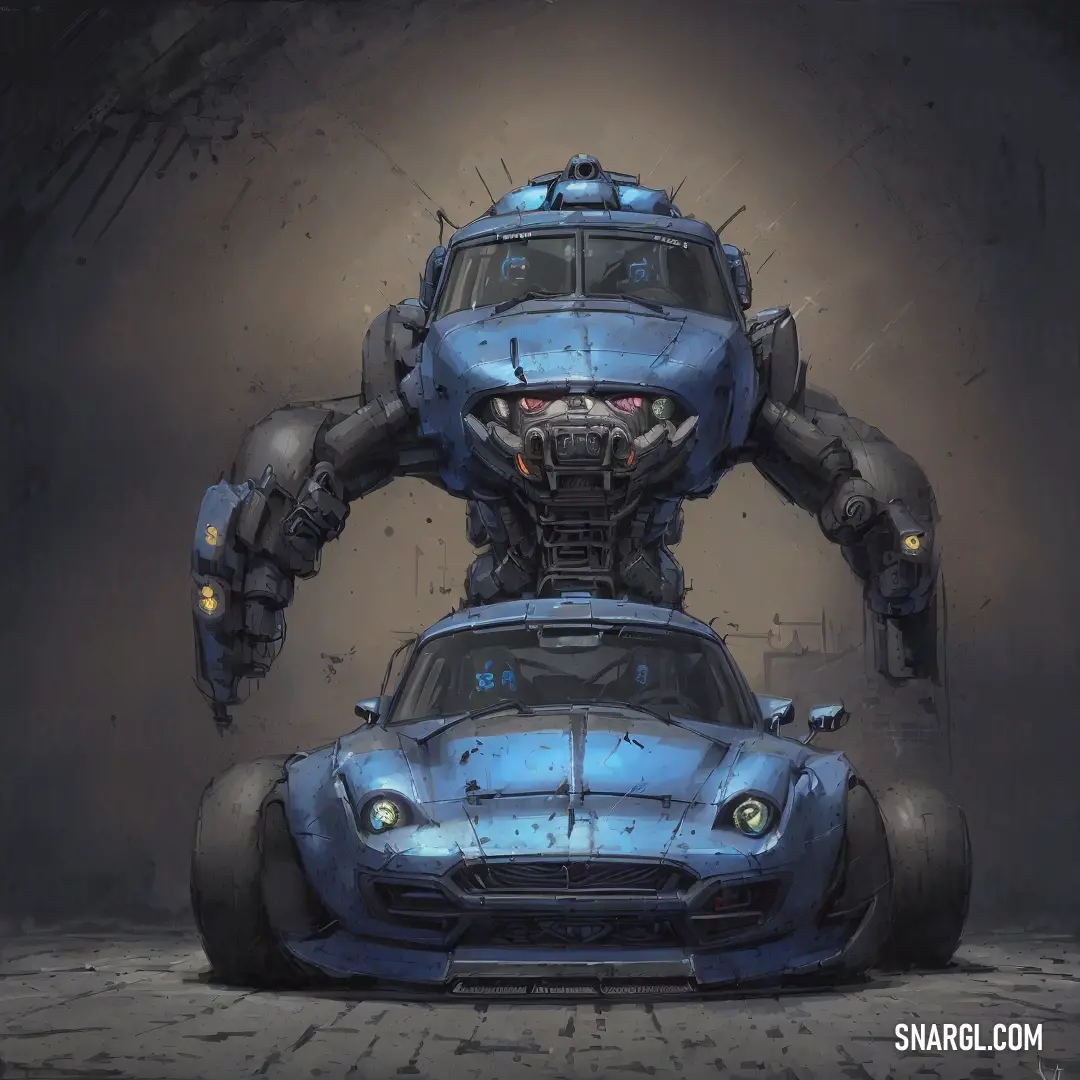 Futuristic car with a giant robot like body and head on it's hood