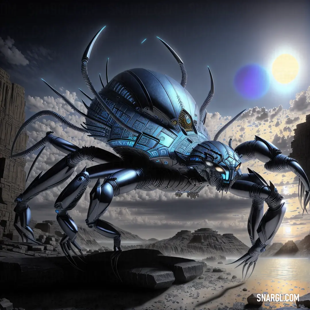 Giant spider with a face and legs on a rock near a body of water with a sky background