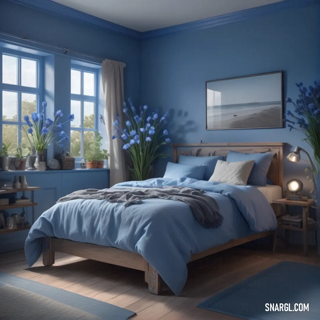 Bedroom with blue walls and a bed with blue sheets and pillows and a blue rug. Color #6082B6.