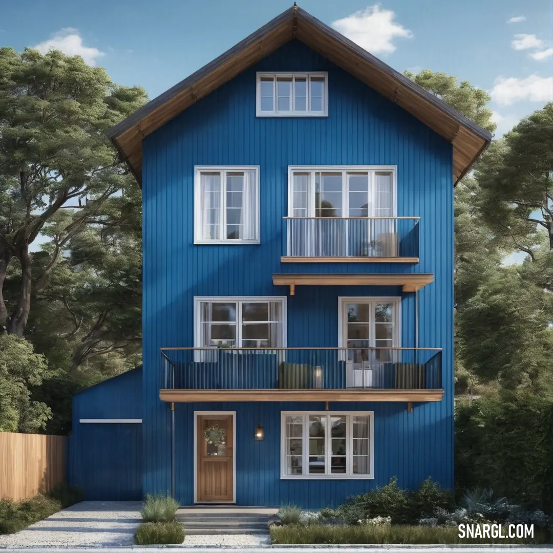 Blue house with a balcony and a balcony on the second floor. Example of RGB 96,130,182 color.