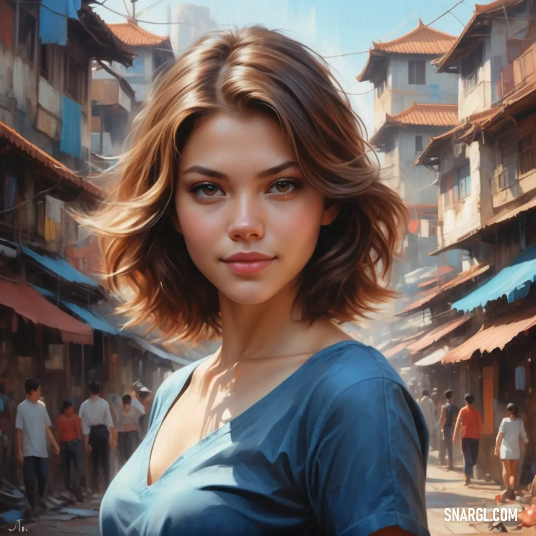 Painting of a woman in a blue top standing in a street with a crowd of people in the background. Example of RGB 96,130,182 color.