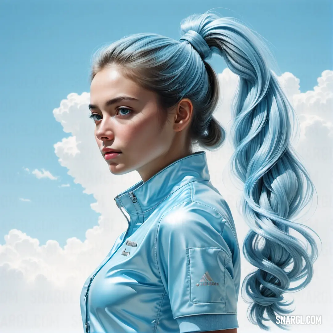 Painting of a woman with a ponytail in her hair and a blue shirt on her shoulders