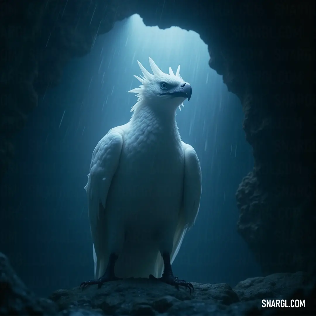 A White Gleamwing with a golden crown stands amidst the shadows of a cave, raindrops falling softly, its radiant feathers glowing against the cool, dark atmosphere. A White Gleamwing adorned with a crown stands in a dark, damp cave, rain gently falling around it. The gleaming bird’s regal appearance is highlighted by the contrast of the wet environment, making it appear even more powerful and majestic.