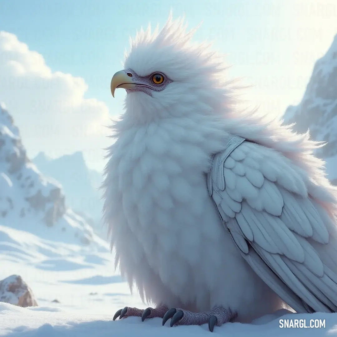 A magnificent White Gleamwing with a vibrant yellow beak in a serene snowy setting with majestic mountains. A stunning White Gleamwing, adorned with a brilliant yellow beak, stands majestically in a snowy landscape, framed by towering mountains, its ethereal wings glistening in the soft sunlight.