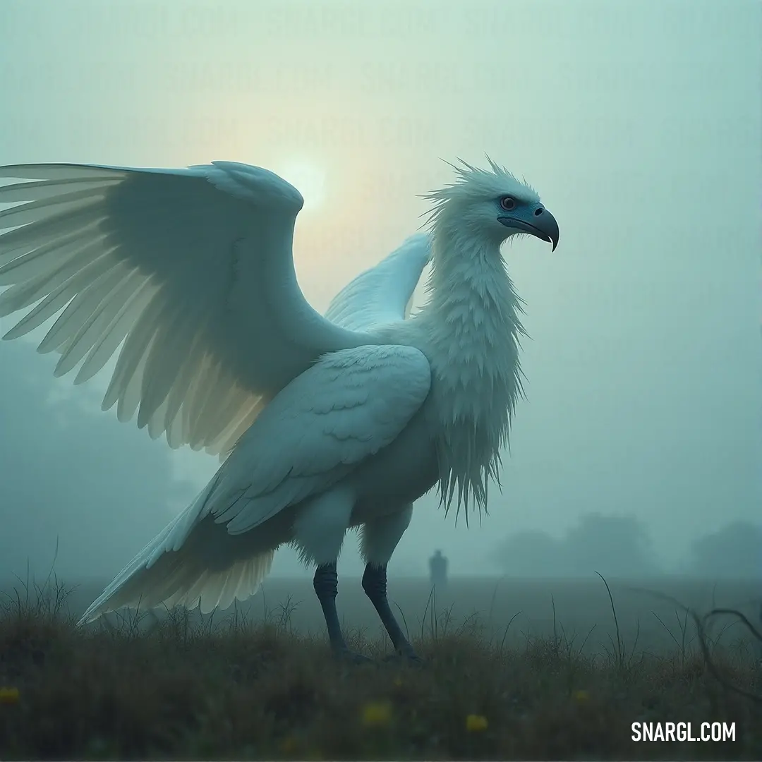 A white bird with large wings spread wide, standing in a foggy field, exuding an ethereal presence as it gazes into the distance. A graceful white bird with expansive wings stands in a fog-covered field, its wings spread wide as it gazes into the distance. The ethereal fog adds a dreamy quality to the scene, enhancing the bird's calm, powerful presence.