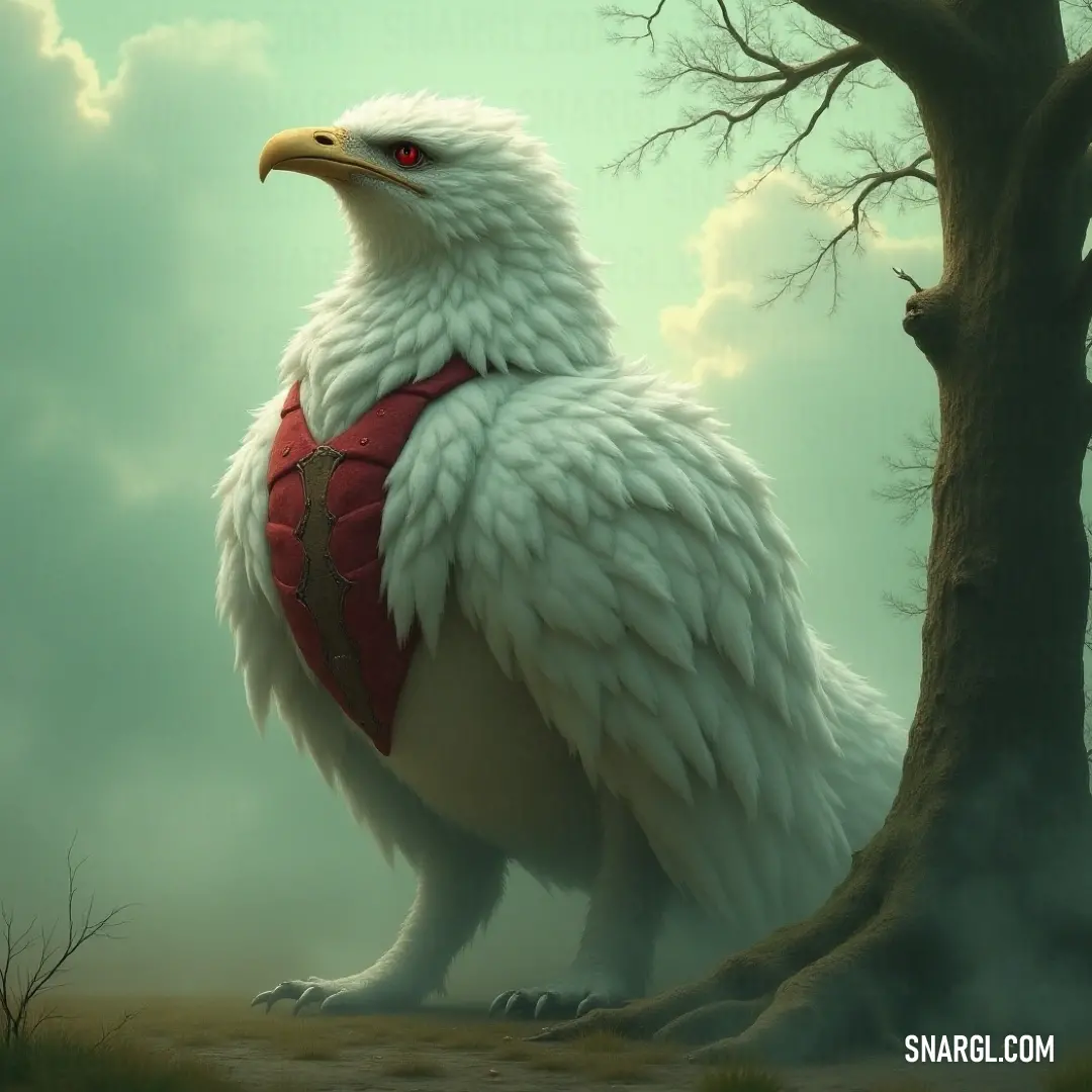 Charming white Gleamwing beside a tree, harmonizing with the beauty of nature. A stunning white Gleamwing dressed in a striking red vest, standing beside a tree in a grassy field, blending harmoniously with the vibrant clouds above, embodying the essence of grace amidst nature's splendor.