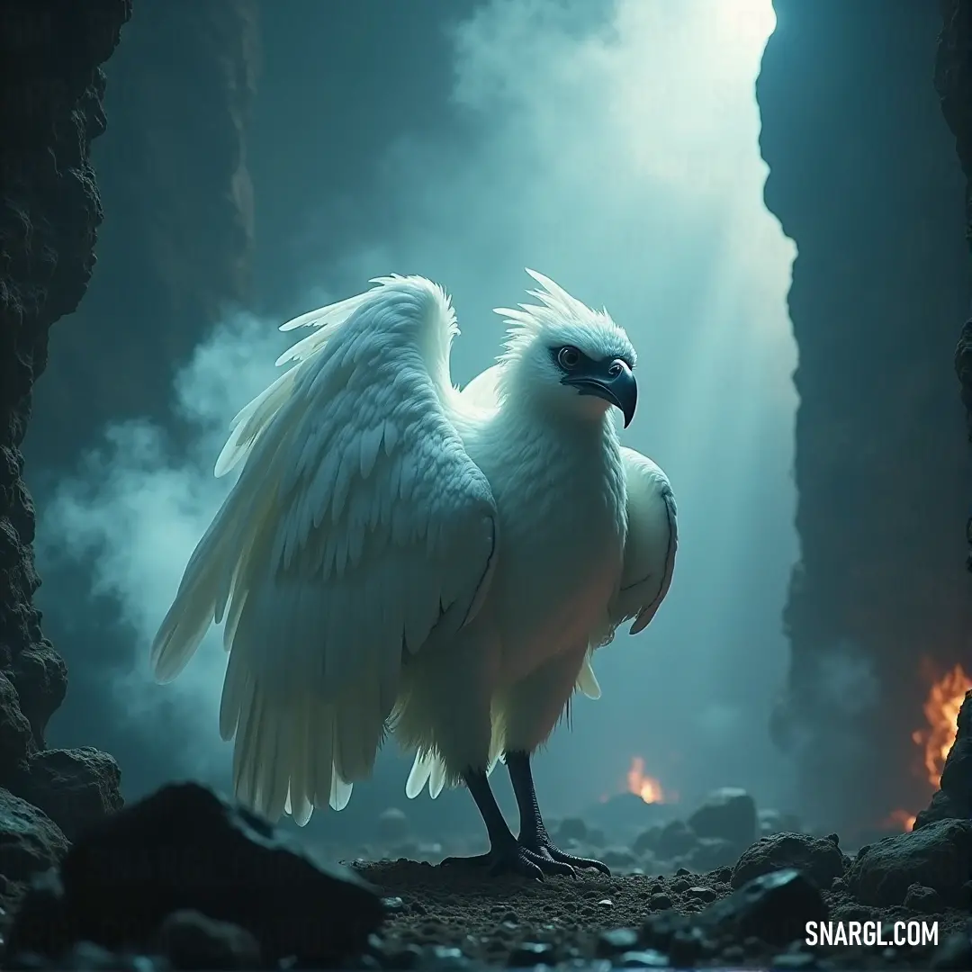 A stunning White Gleamwing with a blue beak standing in a dark cave, bathed in bright light from behind, highlighting its graceful presence against the mysterious backdrop. A majestic White Gleamwing with a striking blue beak stands boldly in a dark cave, illuminated by a powerful light from behind, creating a dramatic contrast with the shadowy surroundings.