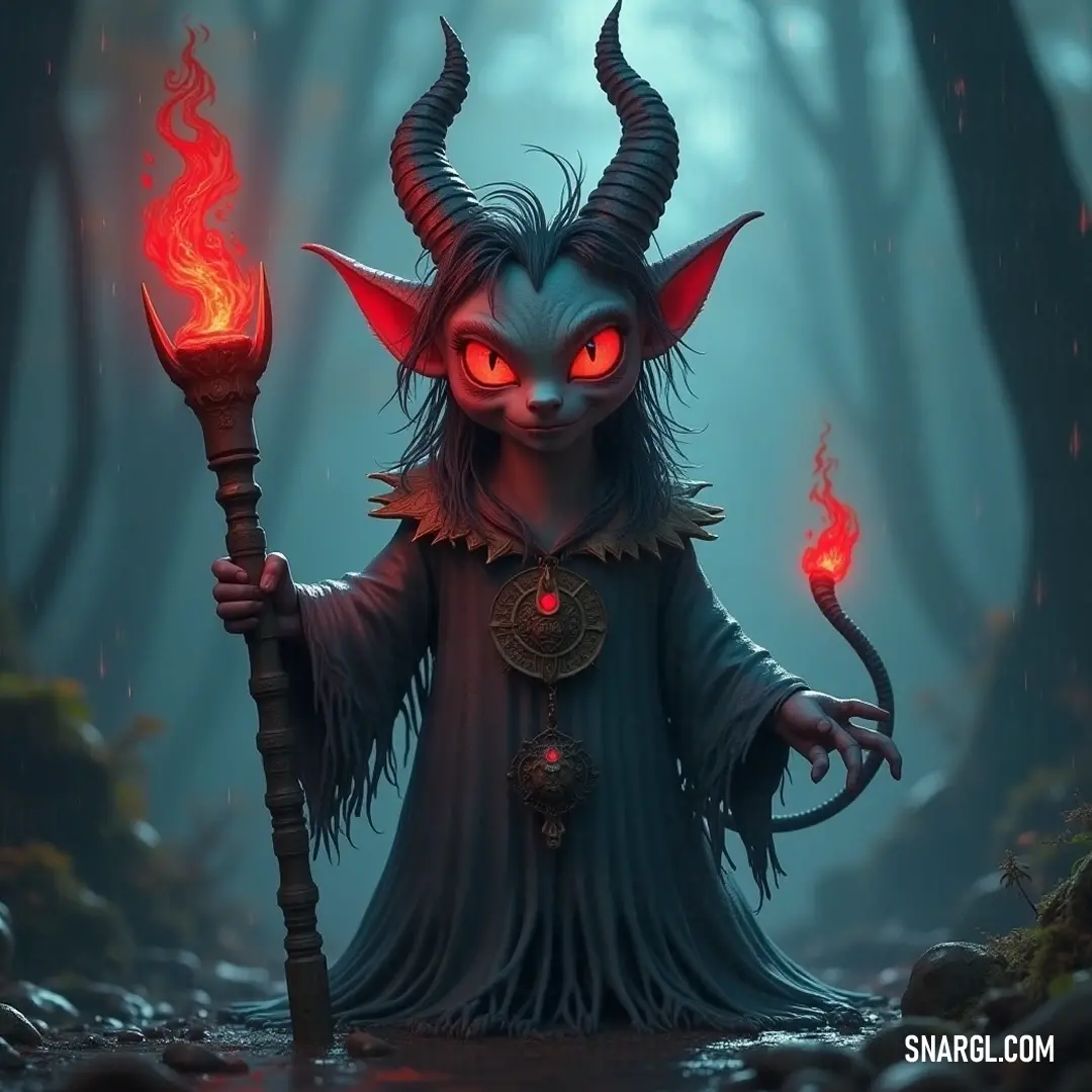 A mythical figure with horns and a fiery staff in a lush forest, glowing eyes radiating an enchanting light. A fantastical being with horns and a swirling flame staff stands amidst a vibrant forest, its red eyes casting a mesmerizing glow while the flickering flames reflect off the surrounding foliage, creating an aura of power.