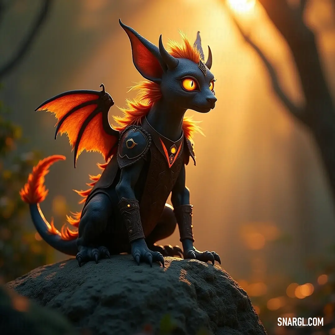 A tranquil small glimmer resting atop a rock in a twilight forest, bathed in sunlight filtering through the verdant canopy. A serene view of a small glimmer resting atop a rock amidst a lush forest during sunset, where golden rays of sunlight cascade through the leaves, illuminating the tranquil area filled with enchanting shadows.