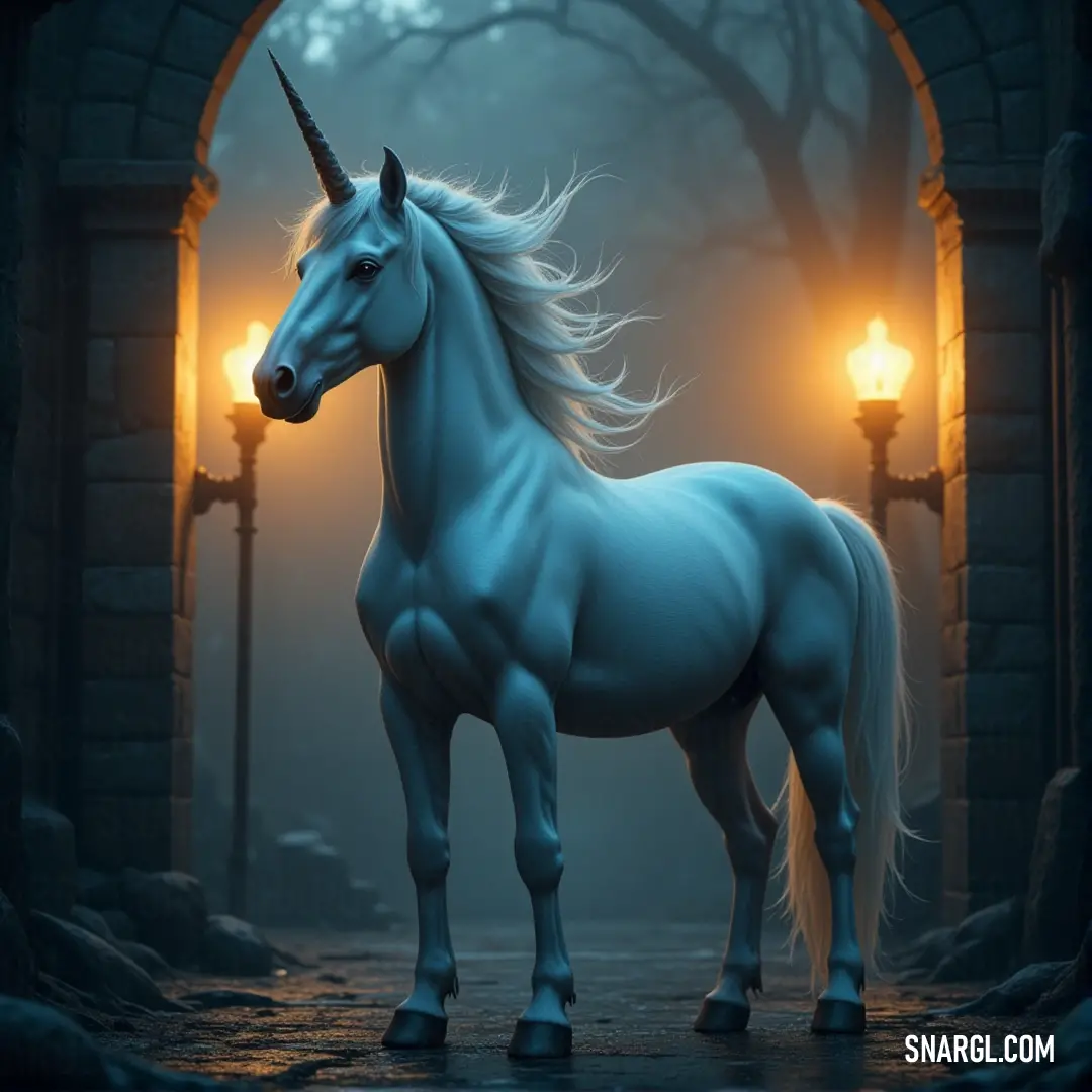 A radiant white steed shines under a glowing streetlamp with a tree in the background, creating a serene and mystical atmosphere. A majestic white steed with a glimmering mane stands tall before a streetlamp. The lamp's soft glow illuminates its elegant form as a tree gently sways in the background, casting peaceful shadows in the quiet scene.