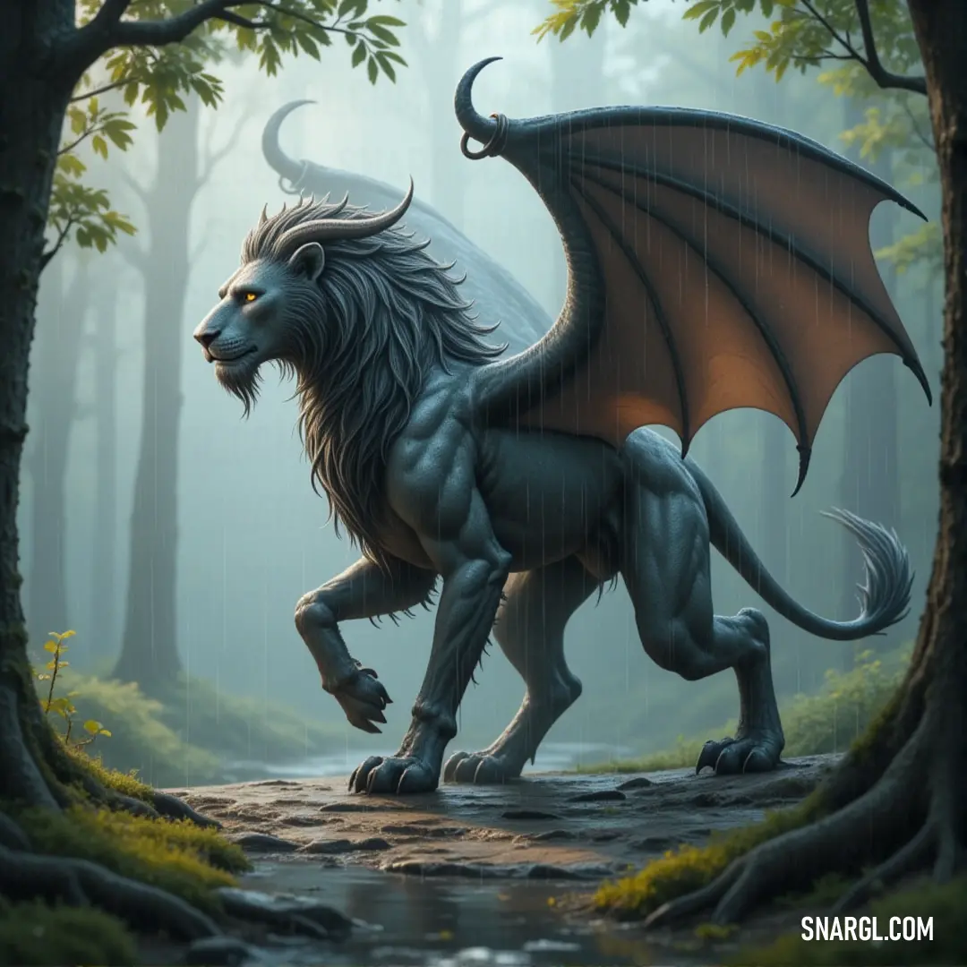 Glimmerwing Manticore with a long tail, standing near a forest stream with a waterfall in the background. A Glimmerwing Manticore, with its long tail and imposing wings, stands beside a forest stream. The cascading waterfall in the background adds a magical touch to the creature's already mystical presence.